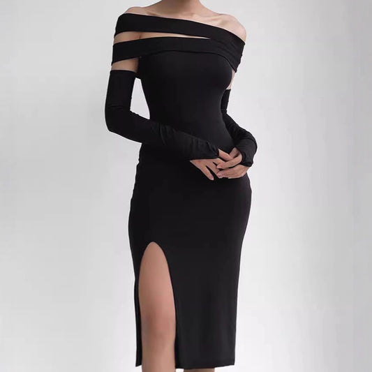 Dames élégante robe maxi avec décolleté off-shoulder et longue fente Chic und Stil