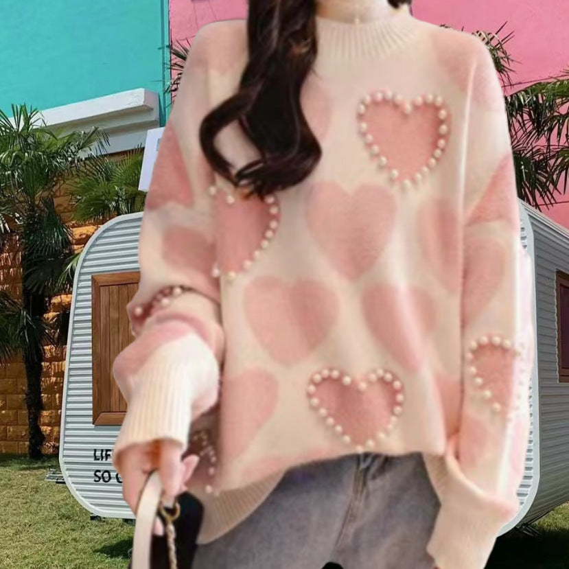 Dames Pull en tricot à motifs avec applications en forme de cœur et col en rib Chic und Stil