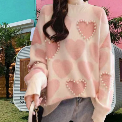 Dames Pull en tricot à motifs avec applications en forme de cœur et col en rib Chic und Stil
