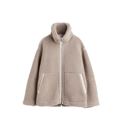 Women's comfortable plush jacket with high collar, chic and stylish