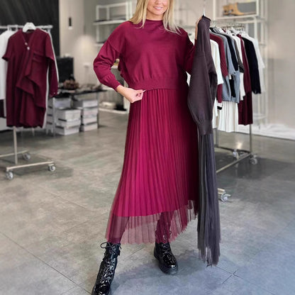 Dames Ensemble élégant jupe plissée et pull Chic und Stil