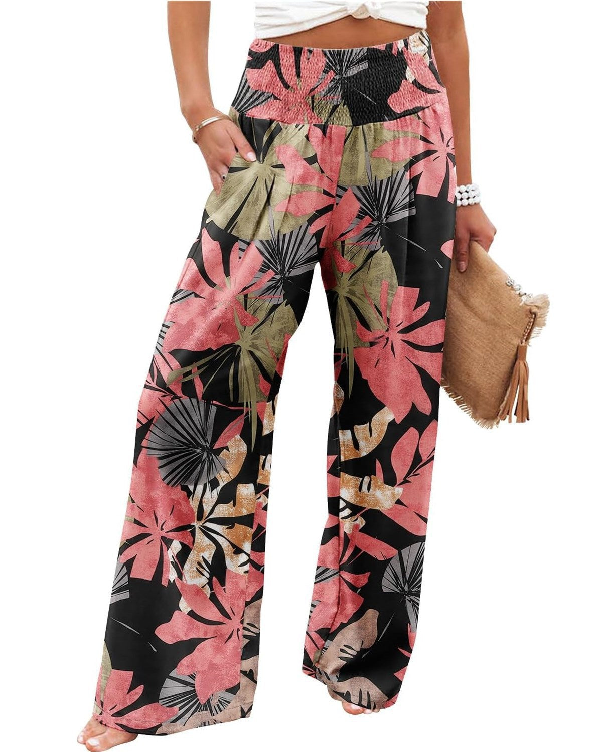Chic and Style Women's Palazzo Pants with Elastic Waist and Floral Pattern