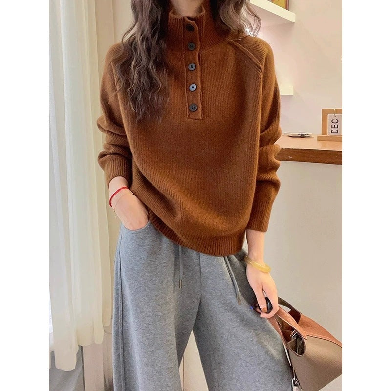 Pull en tricot décontracté pour femmes avec patte de boutons et col court Chic und Stil
