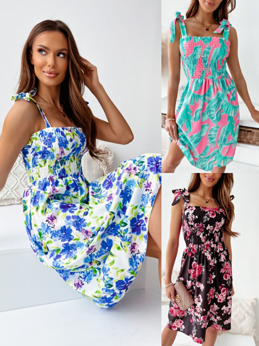 Robe mi-longue smockée floral pour femmes Chic und Stil