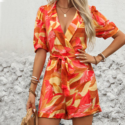Women's Floral Print Wrap Jumpsuit with Chic and Stylish Waist Belt
