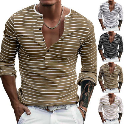 Chemise à manches longues à rayures pour hommes avec patte de boutonnage et décolleté en V Chic und Stil