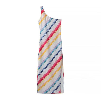 Robe maxi femme avec décolleté asymétrique et motif zigzag vif Chic und Stil
