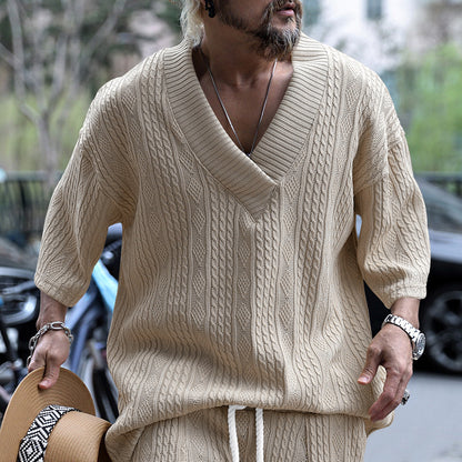 Men's casual knit pullover with V-neck and decorative cable pattern Chic and style