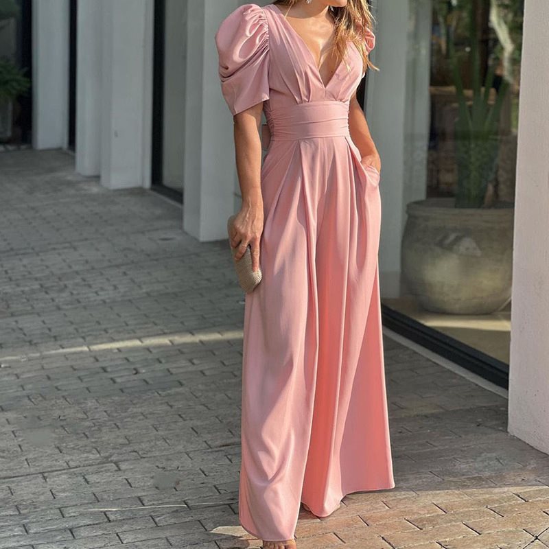 Robe maxi élégante pour femmes avec des manches bouffantes et un décolleté en V profond Chic und Stil