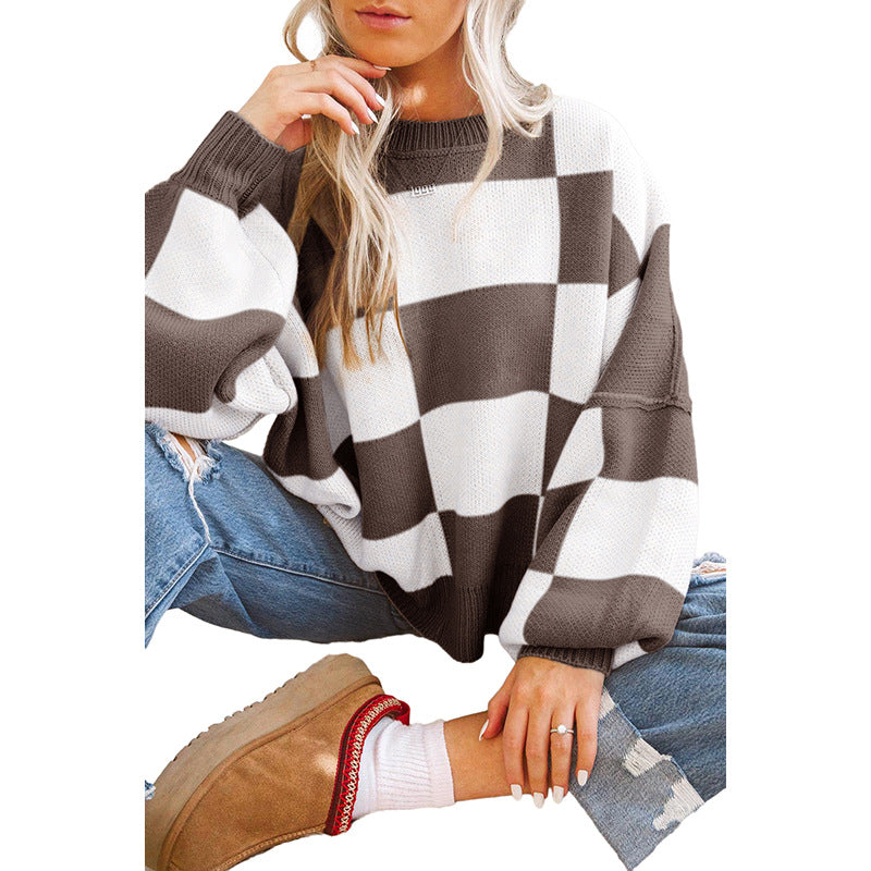 Pull oversized pour femmes à motif écossais et manches volumineuses Chic und Stil