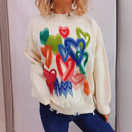 Pull ample de loisirs pour femmes avec motif de cœur coloré et coupe décontractée Chic und Stil