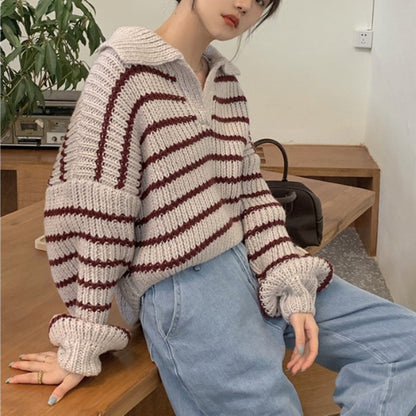 Pull en tricot pour femmes avec col décontracté et rayures attrayantes Chic und Stil