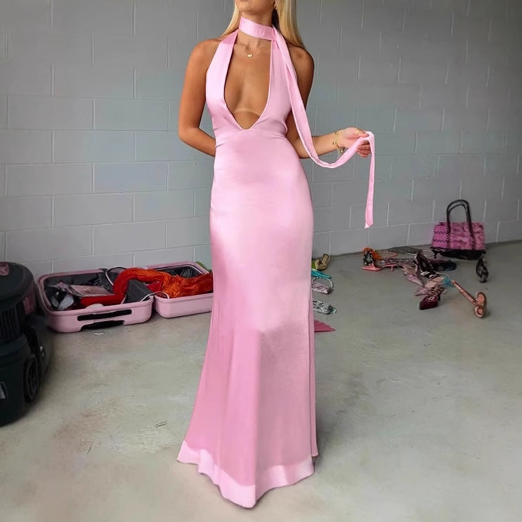 Robes Maxi Élégante pour Femmes avec Décolleté en V Profond et Ceinture Lien Étroite Chic und Stil
