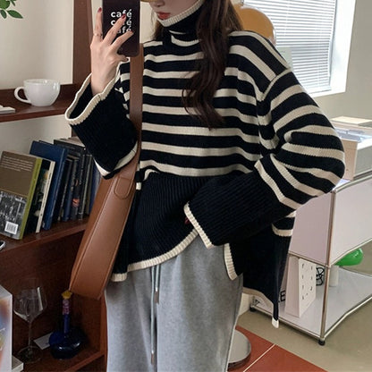 Pull à col montant décontracté pour femmes avec motif à rayures Chic und Stil