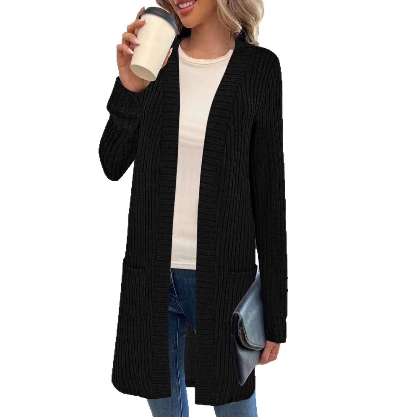 Veste tricotée longue pour femmes avec poches latérales et design texturé Chic und Stil