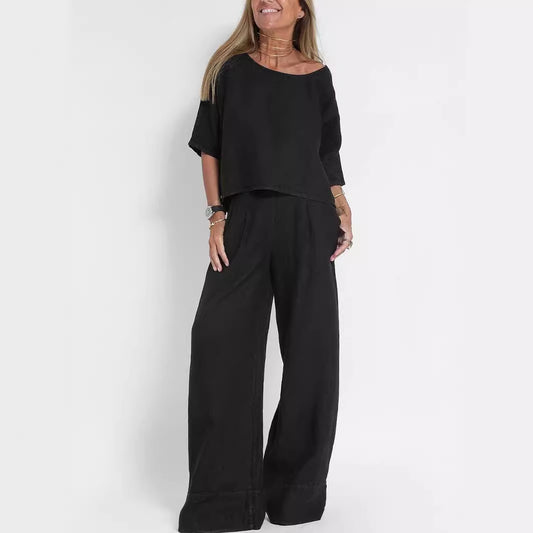 Chic and Style linen casual set for women with a loose top and palazzo pants