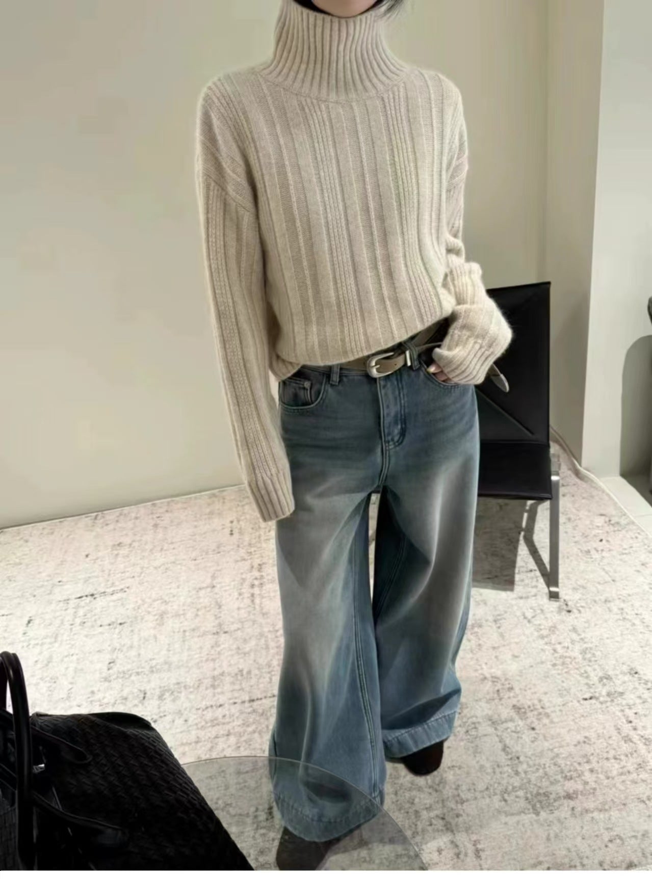 Pull à col roulé décontracté pour femmes avec un motif en fines côtes Chic und Stil
