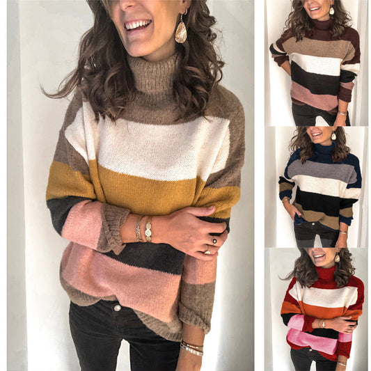 Pull en tricot tendance pour femmes avec col roulé décontracté et design à blocs de couleurs Chic und Stil