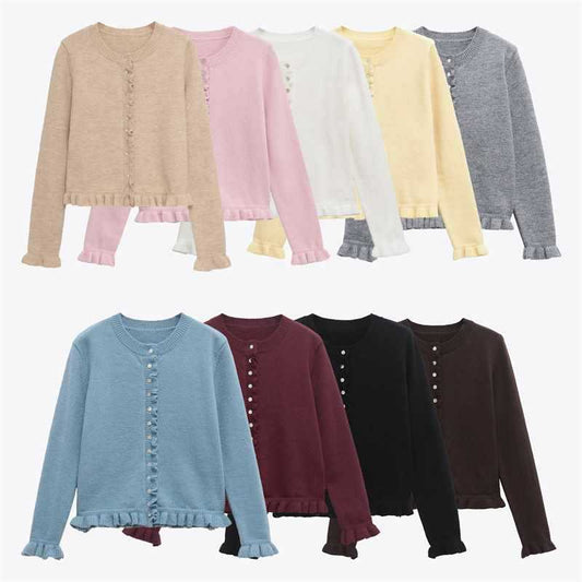 Dames cardigan en tricot confortable avec des boutons décoratifs et un design à volants tendance Chic und Stil