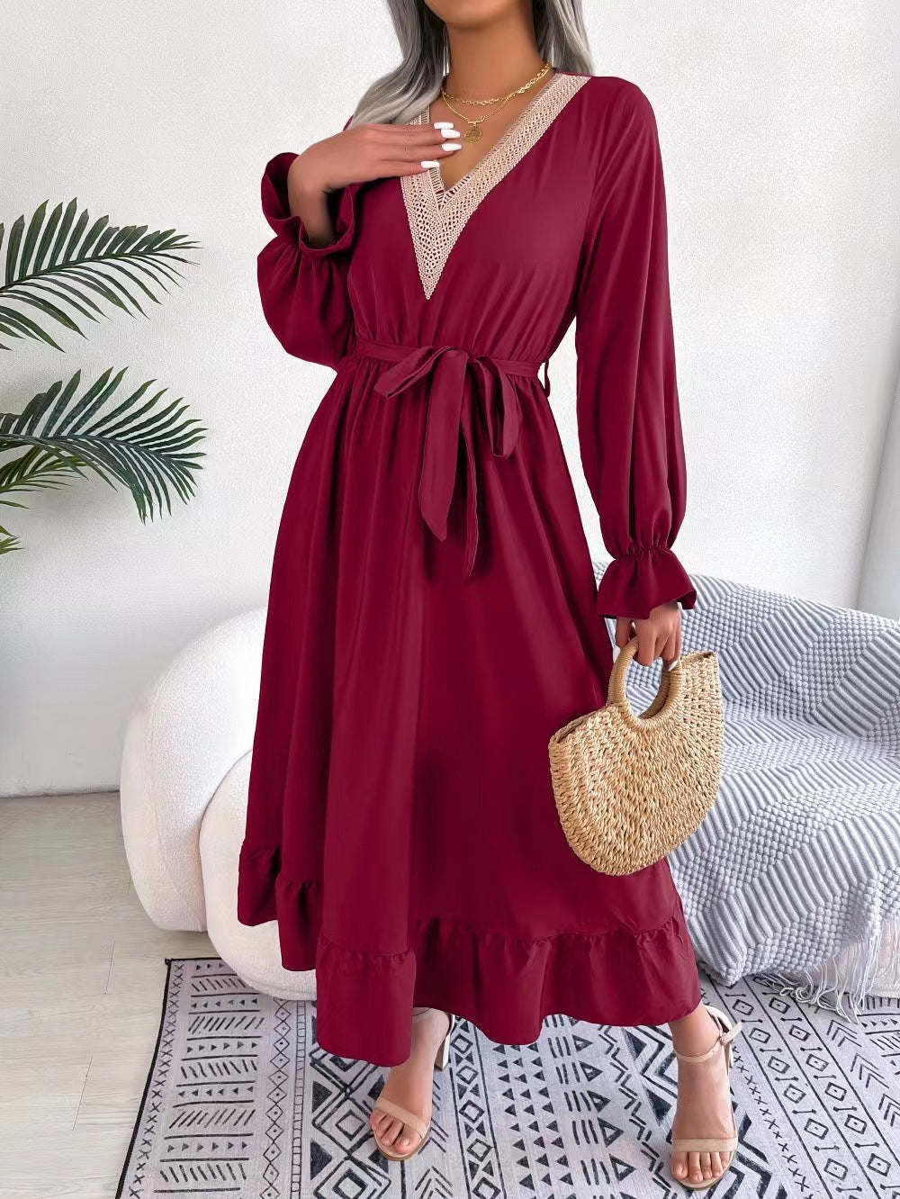 Ladies Elegant V-Neck Maxi Dress with Ruffled Hem Chic and Style