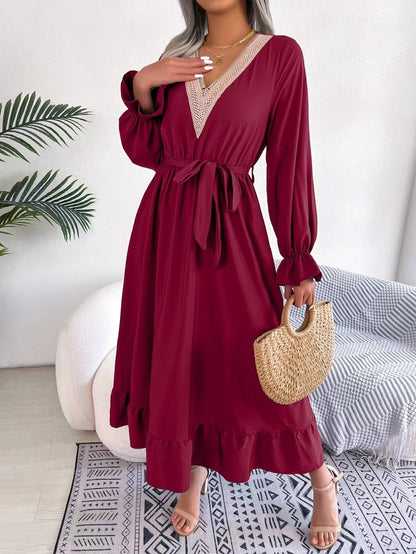 Ladies Elegant V-Neck Maxi Dress with Ruffled Hem Chic and Style