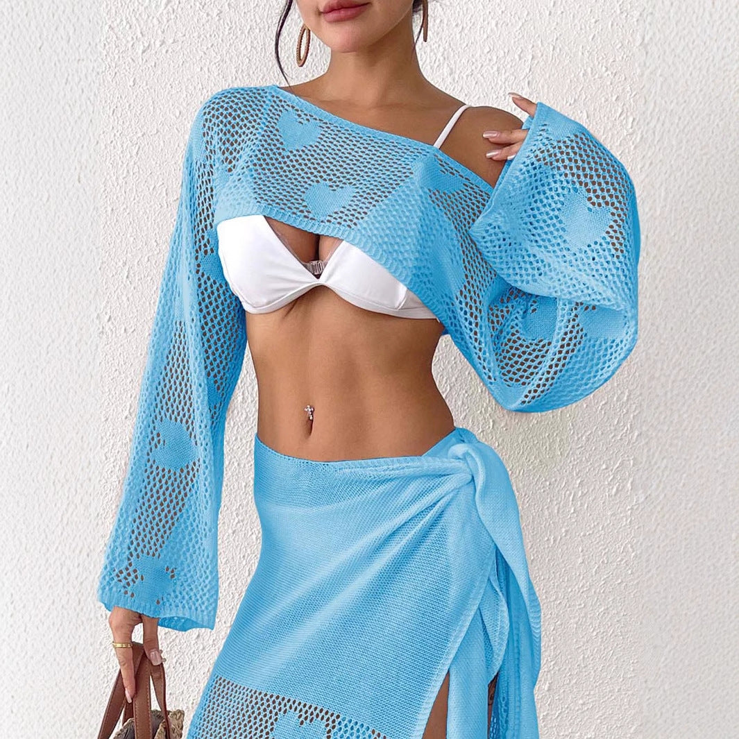 Ladies heart pattern mesh beach cover-up set Chic and Style