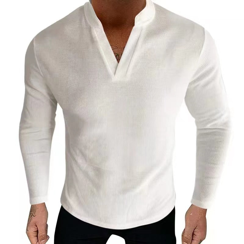 Chemise Henley à manches longues pour hommes en tissu en coton texturé avec un décolleté en V moderne Chic und Stil