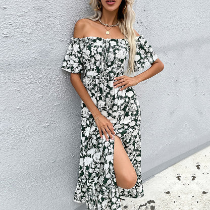 Robe maxi florale pour femmes à épaules dénudées avec fente latérale Chic und Stil