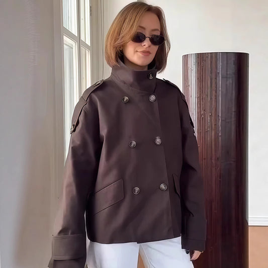 Double-breasted jacket for women with high collar and textured design Chic and Style