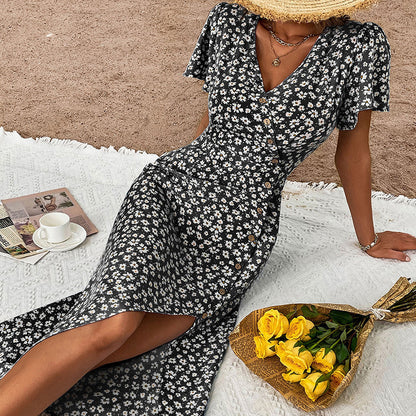 Robe maxi à boutons florale pour femmes avec haut fente Chic und Stil