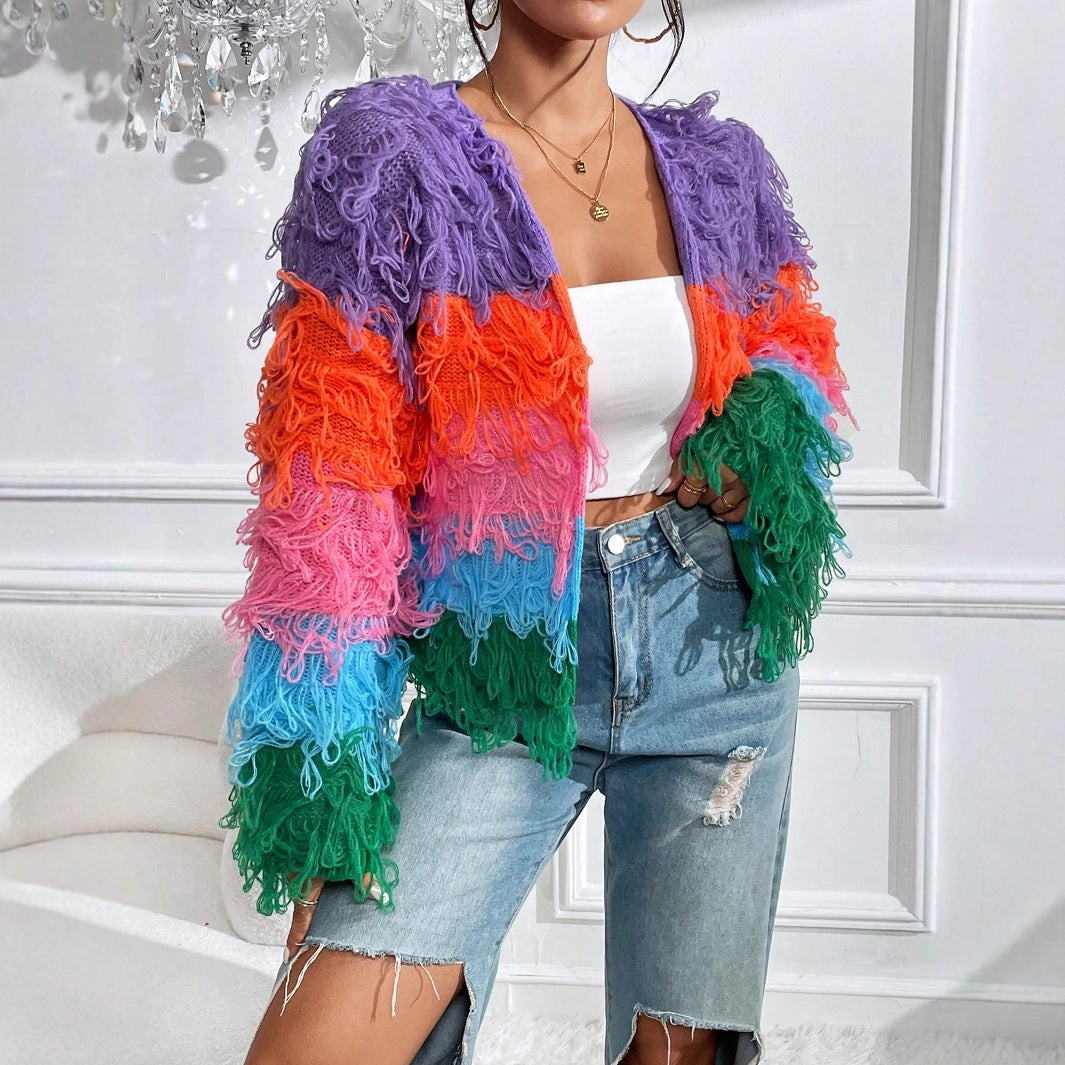 Dames cardigan en tricot à franges colorées avec un motif unique Chic und Stil