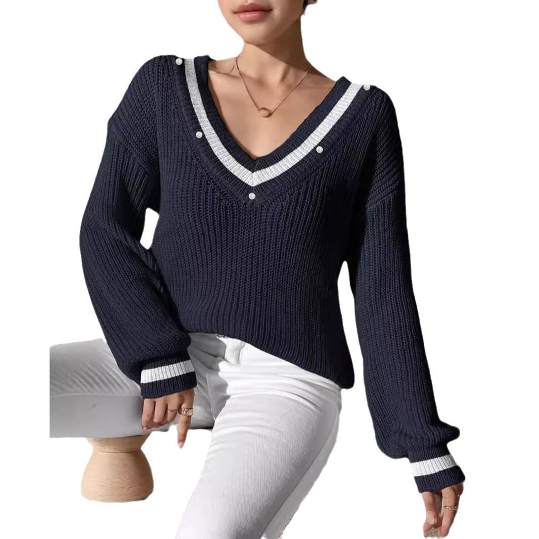 Pull décontracté pour femmes avec décolleté en V et patte de boutonnage décorative Chic und Stil