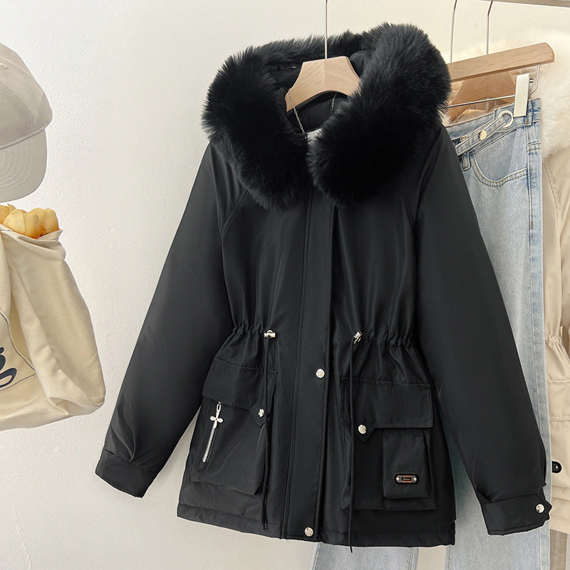 Multifunctional winter jacket for women with removable faux fur collar and adjustable waist drawstring Chic and Style