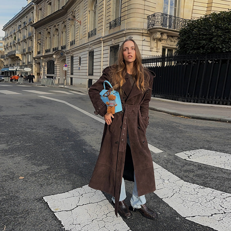 Dames élégant long trench coat en daim doux Chic und Stil