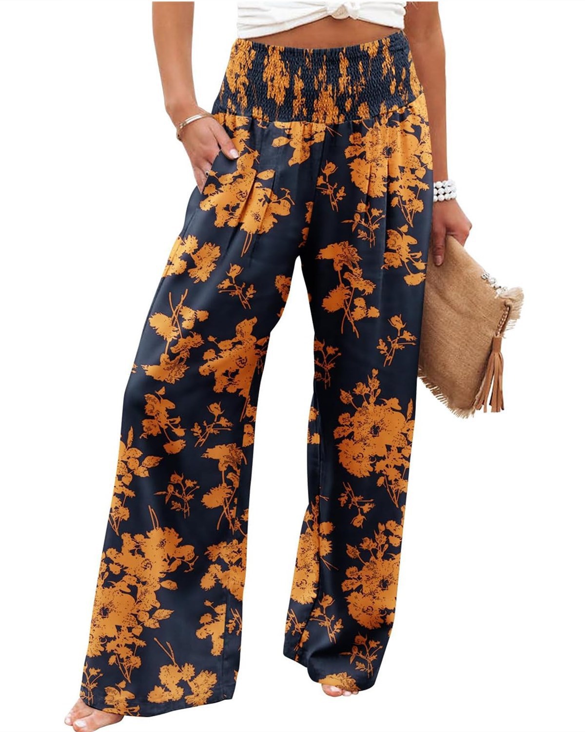 Chic and Style Women's Palazzo Pants with Elastic Waist and Floral Pattern