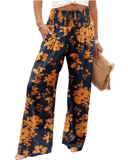 Chic and Style Women's Palazzo Pants with Elastic Waist and Floral Pattern