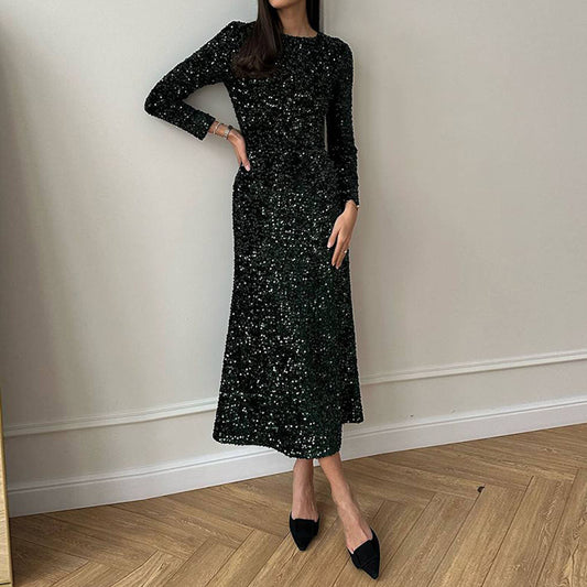Robe de soirée scintillante pour dames avec manches longues et ourlet fluide Chic und Stil