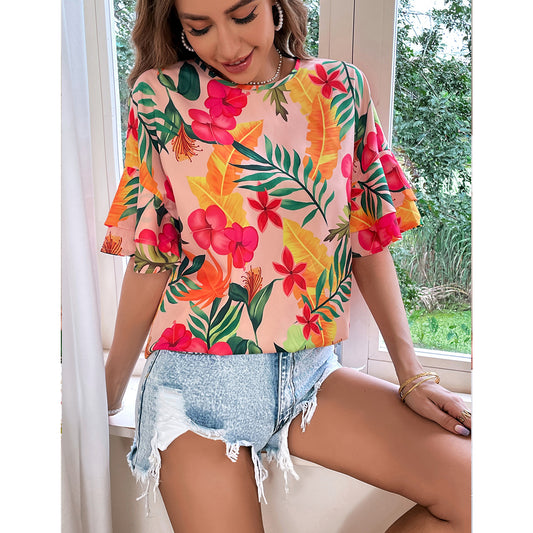 Top de blouse pour femmes avec motif floral et manches évasées Chic und Stil
