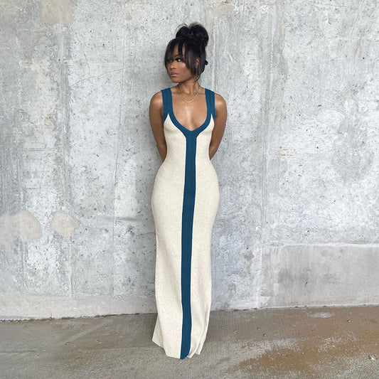 Robe maxi élégante pour femmes avec décolleté en V profond et rayure contrastante Chic und Stil