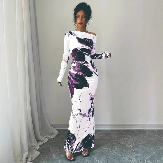 Dames Élégant Robe Maxi avec décolleté asymétrique et design floral Chic und Stil