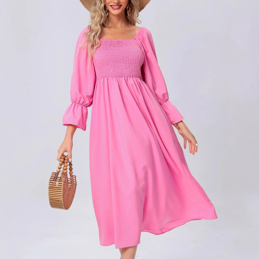 Robe midi pour dames avec des manches bouffantes élastiques et un cordon de taille romantique Chic und Stil
