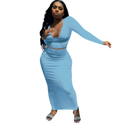 Robe maxi ajustée pour femmes avec manches longues et décolleté en V profond Chic und Stil