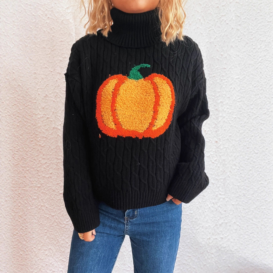 Pull en tricot pour femmes avec col roulé et design joyeux de citrouille Chic und Stil