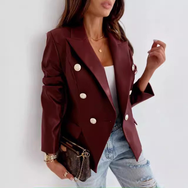 Blazer élégant en simili cuir pour femmes avec double rangée de boutons Chic und Stil