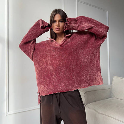 Pull oversized décontracté pour femmes avec ourlet à volants et décolleté en V Chic und Stil
