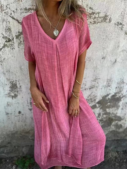 Robe maxi décontractée pour femmes en tissu léger avec décolleté en V et manches courtes Chic und Stil