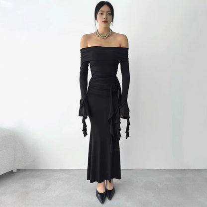 Mode Femme Élégante Robe Max longue Off-Shoulder avec Détails en Volants et Silhouette Ajustée Chic und Stil