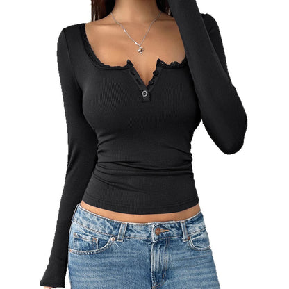 T-shirt à manches longues pour femmes avec des accents en dentelle et une patte de boutons Chic und Stil