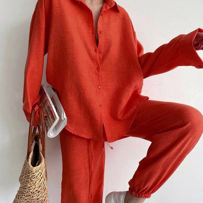 Loose linen set for women with elegant shirt and wide pants Chic und Stil