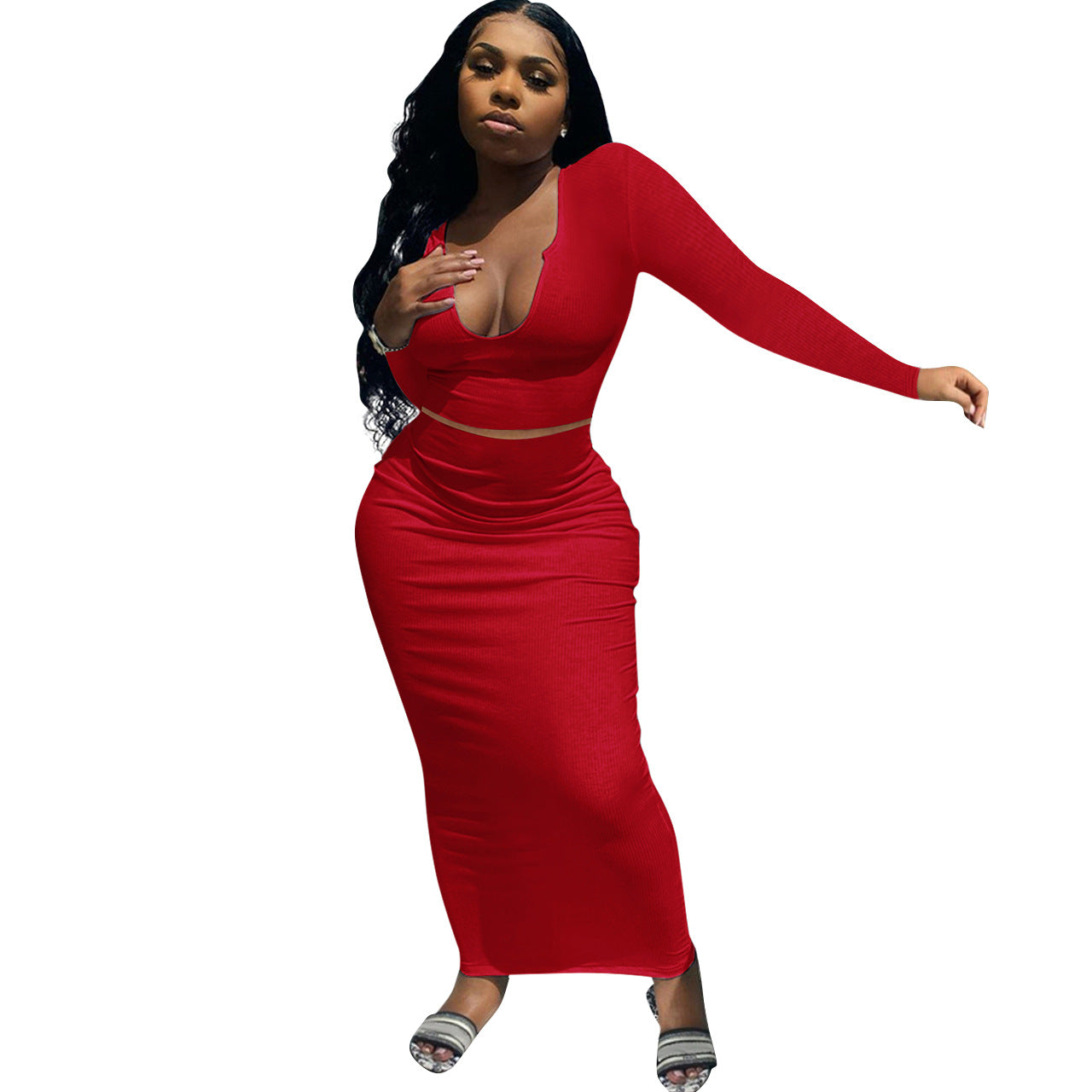 Robe maxi ajustée pour femmes avec manches longues et décolleté en V profond Chic und Stil